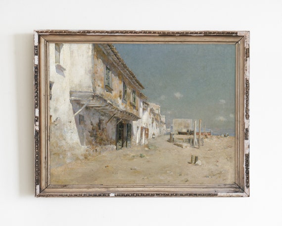Beach Wall Decor Vintage Architecture Painting Mediterranean Wall Art Antique Village Art Vintage Painting Landscape Painting