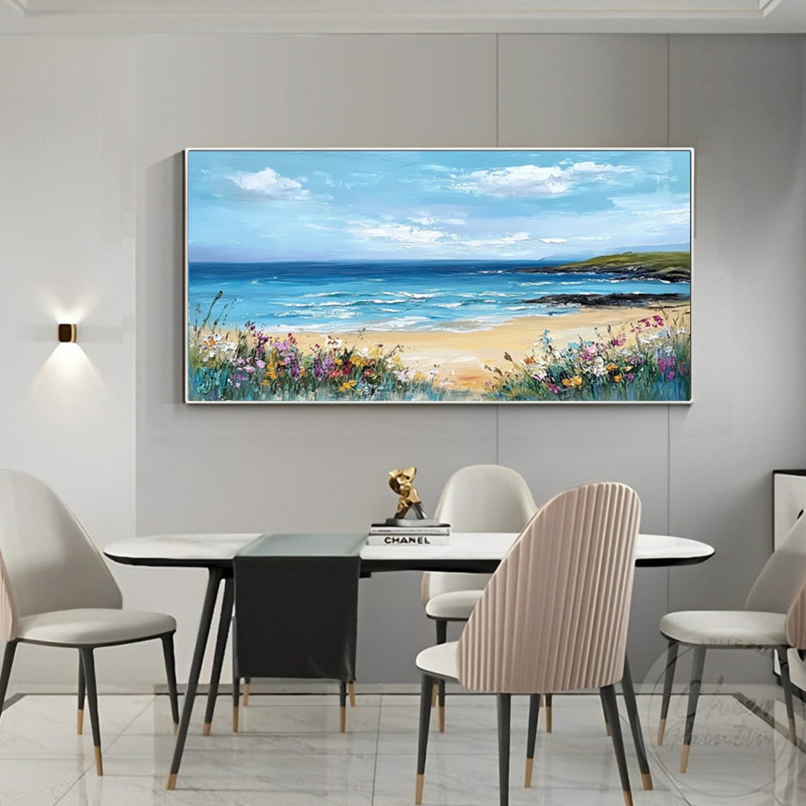 Sunny Flower Fringed Beach With a Rocky Cove Panoramic Poster - Image 3
