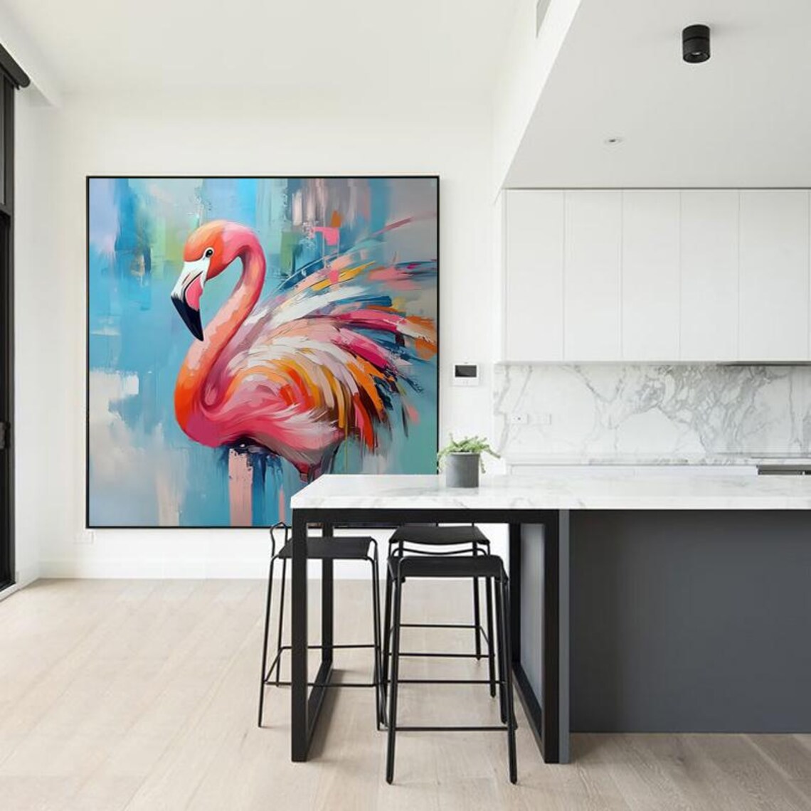 Graceful Pink Flamingo Portrait on Pastel Blue Background Poster - Image 5