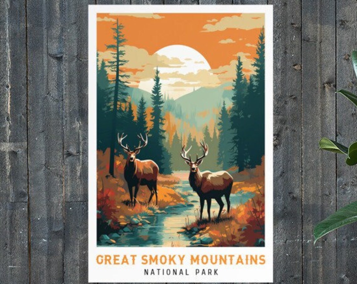 Great Smoky Mountains National Park Elk Sunset Wildlife Travel Poster