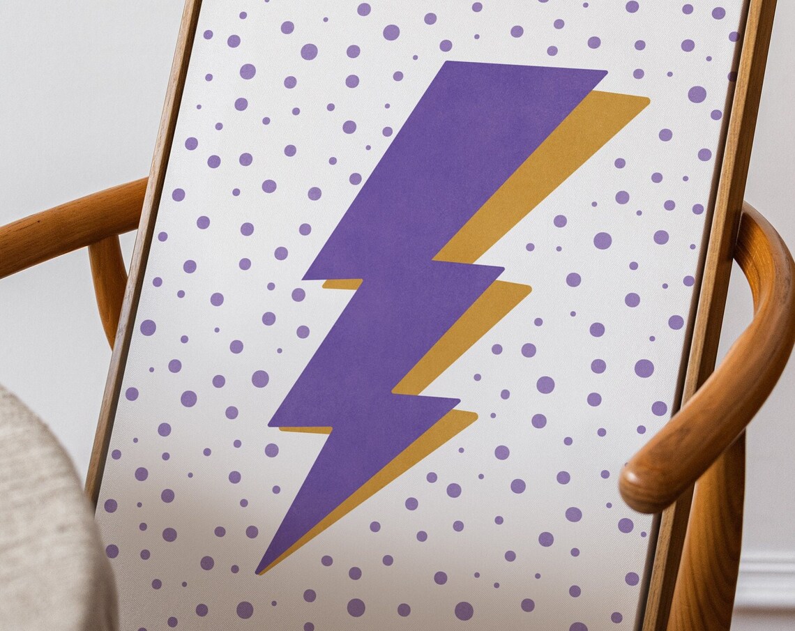 Bold Purple and Mustard Lightning Bolt Over Polka Dots Art Print