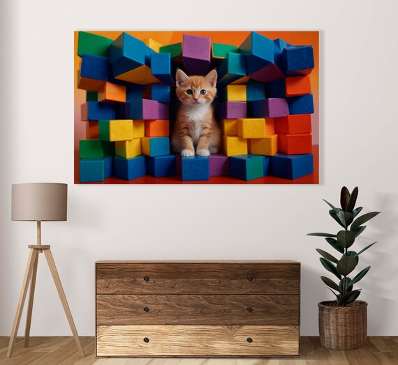 Blue Eyed Orange Kitten Sitting Among Giant Toy Blocks Poster