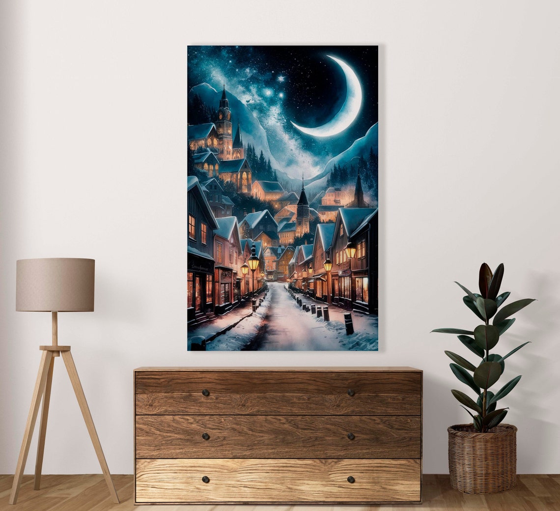 Snowy Winter Village Night Glowing Under a Crescent Moon Poster