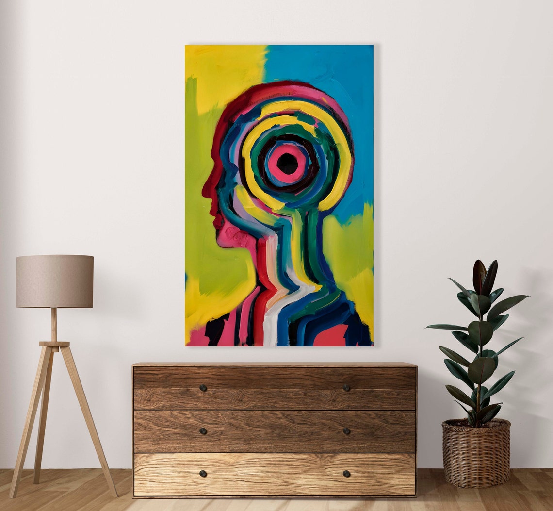 Human Profile Silhouette With Rainbow Concentric Rings Pop Art Poster