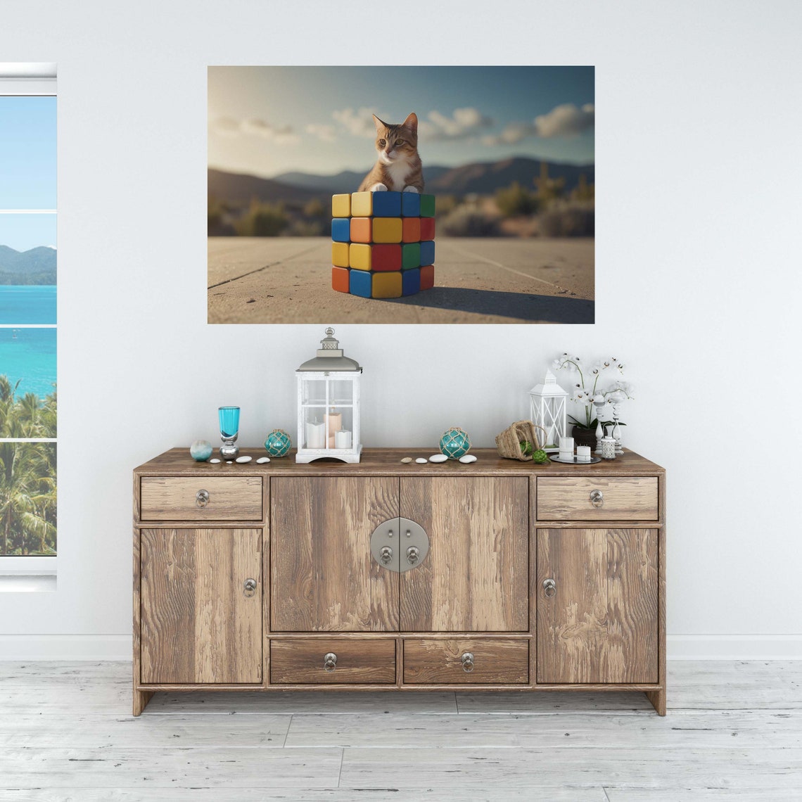 Orange Tabby Cat Peeking Over A Giant Rubiks Cube At Sunset Poster - Image 2
