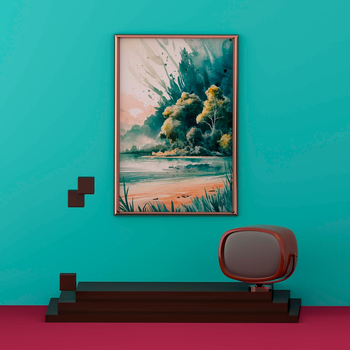 Tropical Beach Landscape With Lush Green Trees Watercolor Poster - Image 2