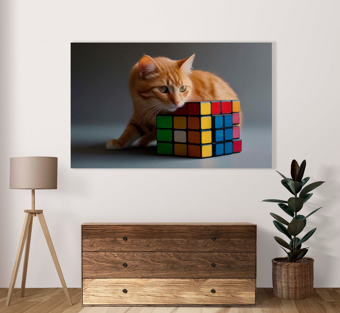 Orange Tabby Cat Watching Big Puzzle Cube Funny Animal Poster