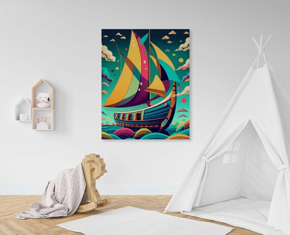 Sailboat With Bright Patchwork Sails Under A Starry Teal Sky Poster