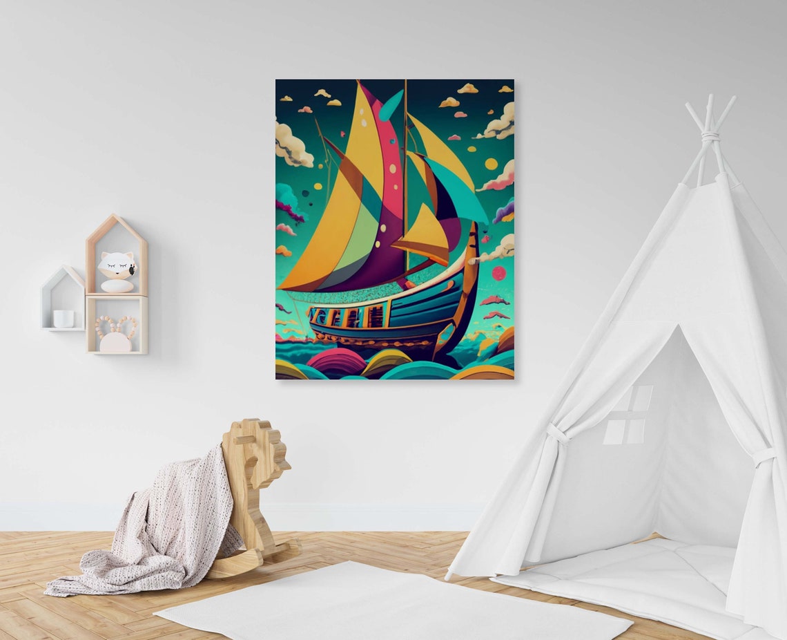 Sailboat With Bright Patchwork Sails Under A Starry Teal Sky Poster