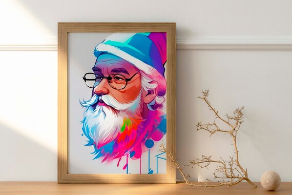 Santa With Glasses Profile Neon Watercolor Splash Art Poster