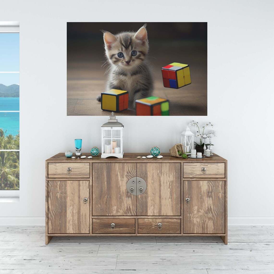 Cute Kitten Playing With Cubes Poster Set Of 1 Image Home Art Decoration Realistic Kitten Illustration - Image 2
