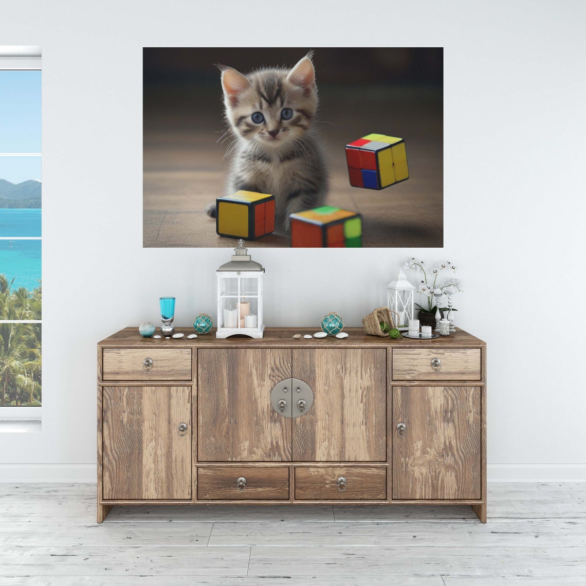 Cute Kitten Playing With Floating Puzzle Cubes Funny Cat Poster - Image 2