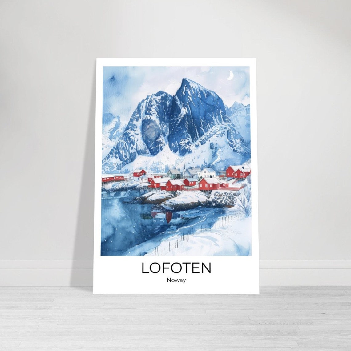 Lofoten Norway Red Cabins Snowy Peaks Moonlit Watercolor Poster