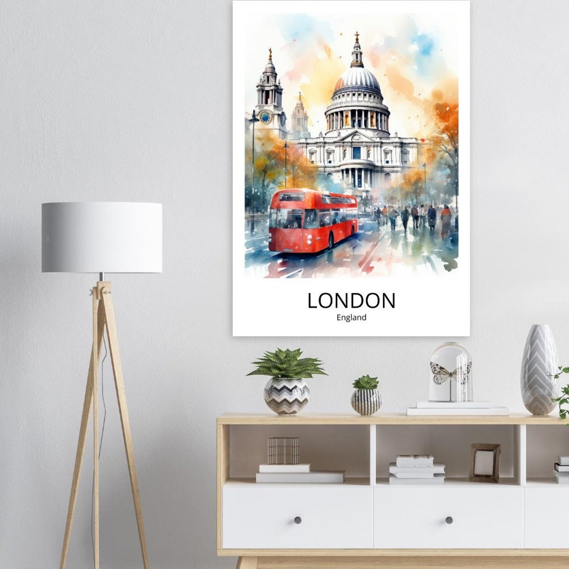 London England St Pauls Cathedral Red Bus Rainy Watercolor Poster - Image 2