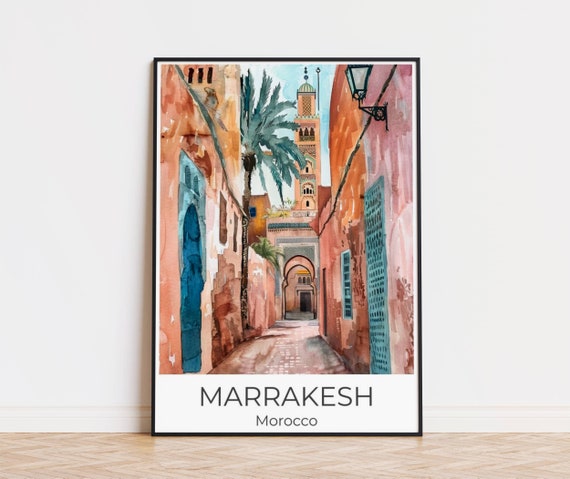 Marrakech Watercolor Travel Poster Marrakech Wallart Morocco Travelposter Morocco Morocco Gift Metal Framed Poster