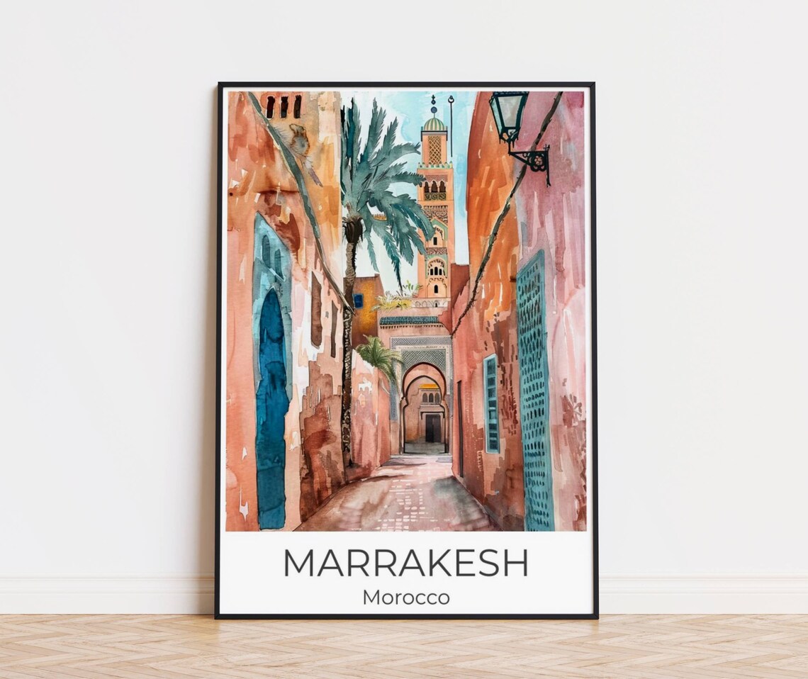 Marrakesh Medina Alley Minaret Watercolor Morocco Travel Poster