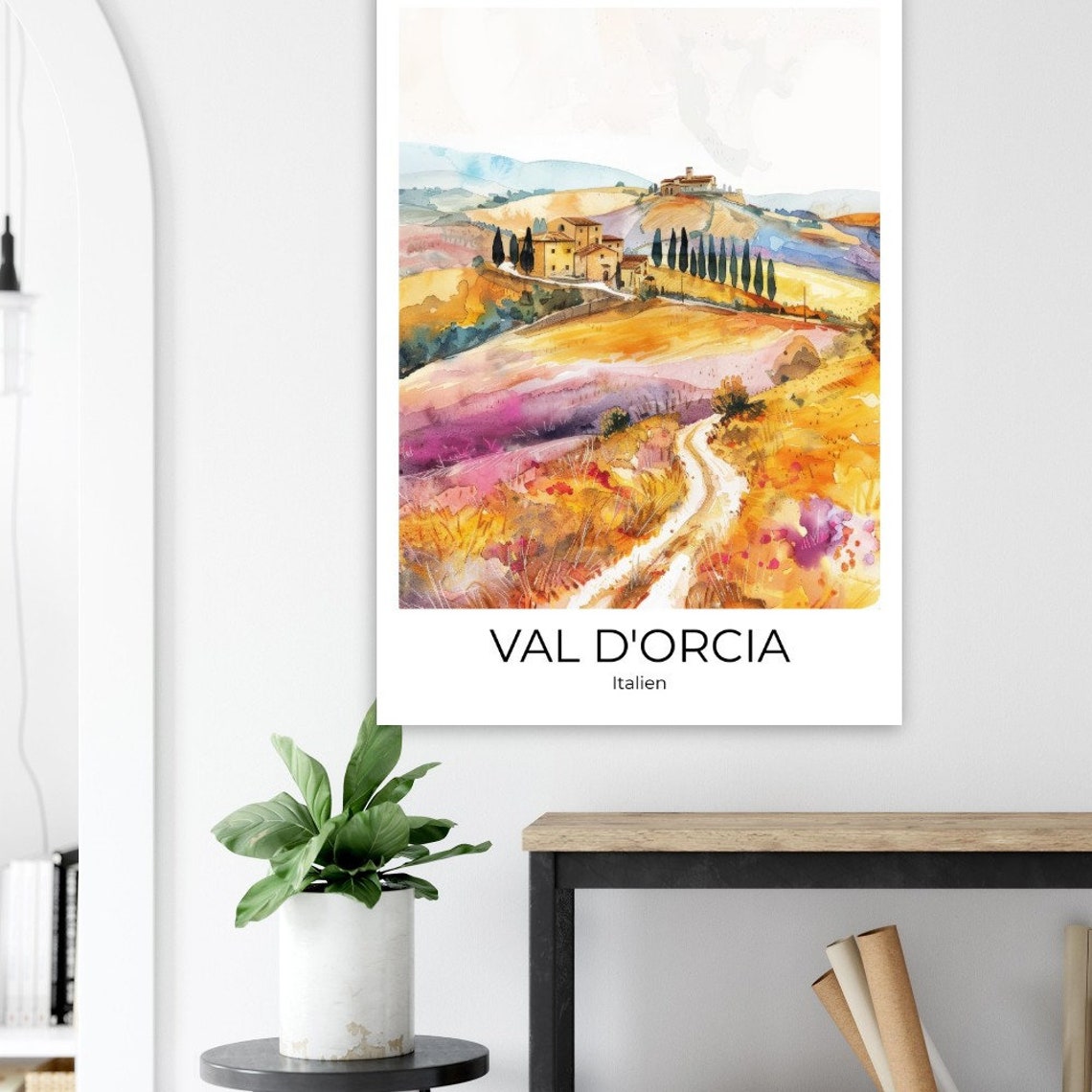 Val d'Orcia Tuscany Watercolor Poster Italy Soft Rolling Hills Art - Image 4