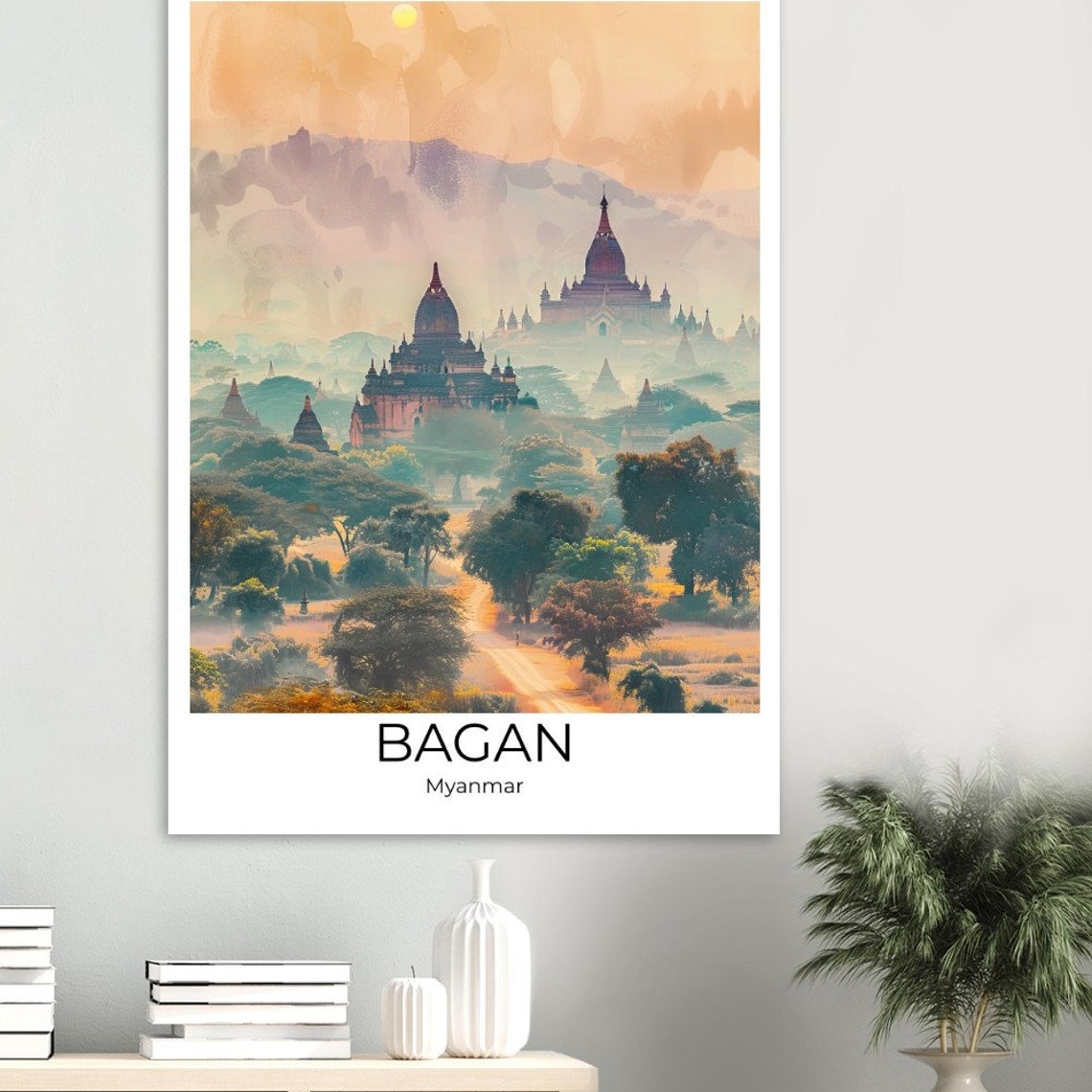 Bagan Myanmar Watercolor Temples Sunrise Golden Light Poster - Image 3