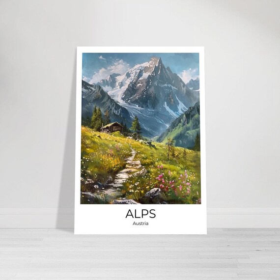 Austrian Alps Summer Meadow Cabin Snowy Peak Mountain Poster
