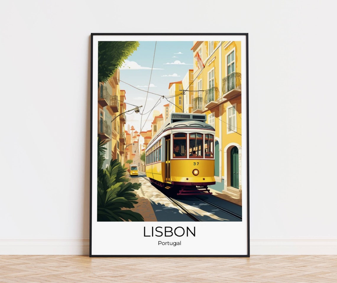 Lisbon Yellow Tram Old Town Illustration Sunny Portugal Travel Poster