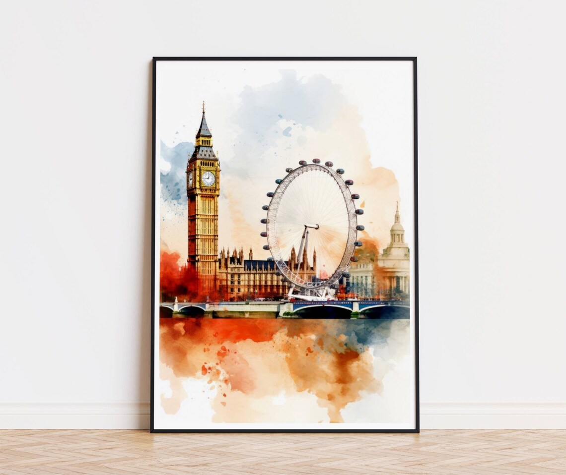 London Big Ben London Eye Parliament Watercolor Skyline Travel Poster