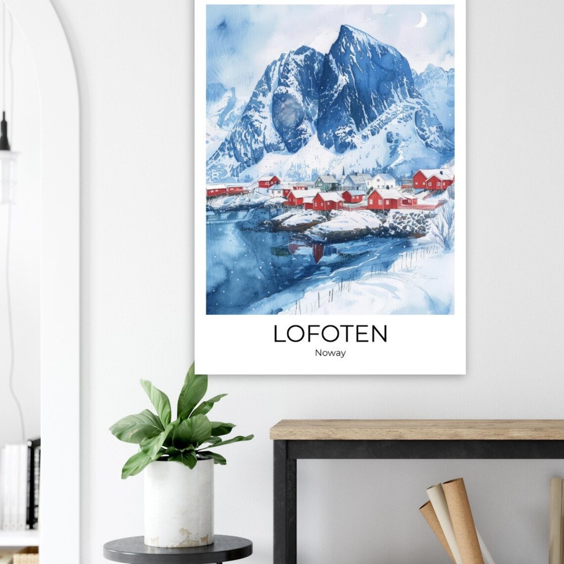 Lofoten Norway Red Cabins Snowy Peaks Moonlit Watercolor Poster - Image 4