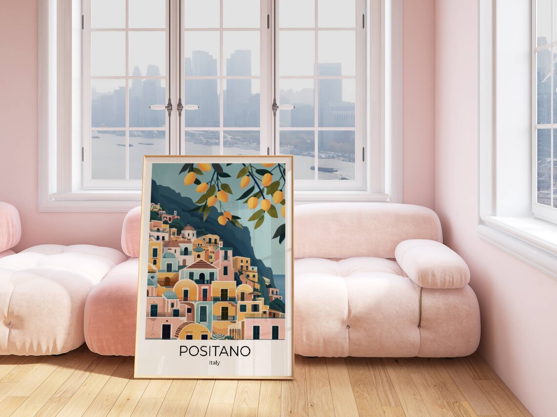 Positano Italy Travel Poster Amalfi Coast Village Lemon Branches Art - Image 4