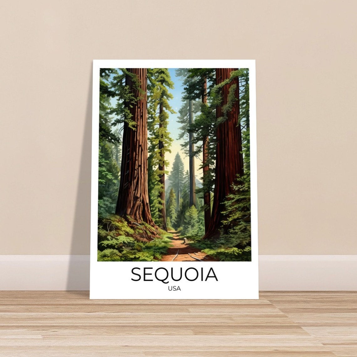 Sequoia USA Giant Redwood Forest Trail Vintage Travel Poster