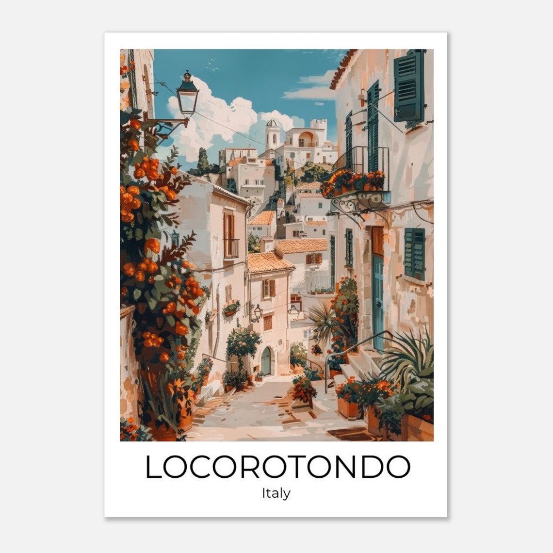 Locorotondo Whitewashed Street Orange Trees Italy Travel Poster