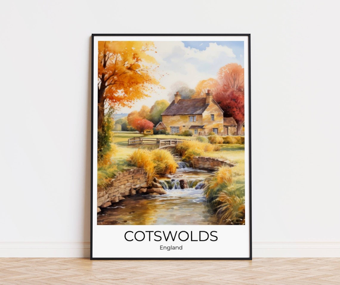 Cotswolds England Autumn Cottage With Stream and Footbridge Poster