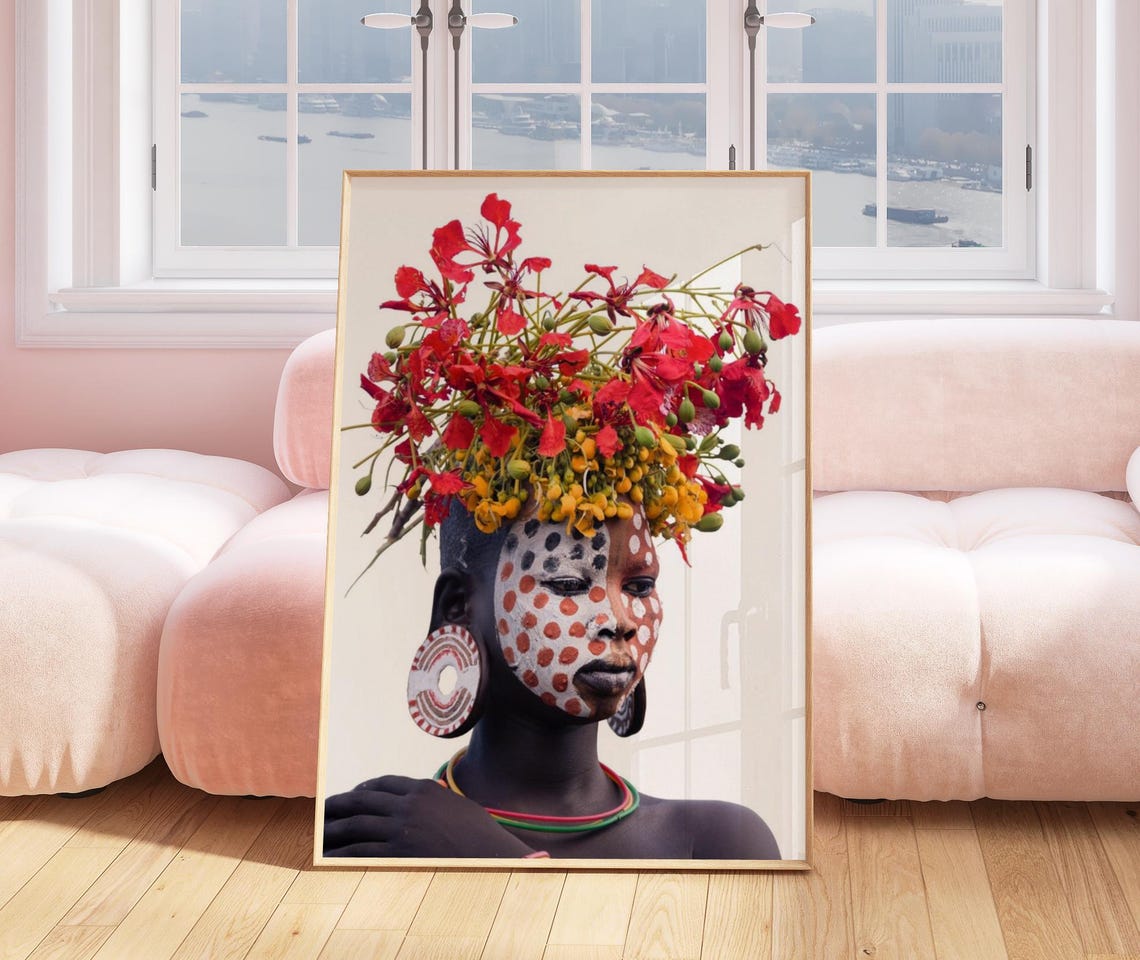 Suri Tribe Omo Girl Red Flower Crown Ethiopia Photography Print - Image 3