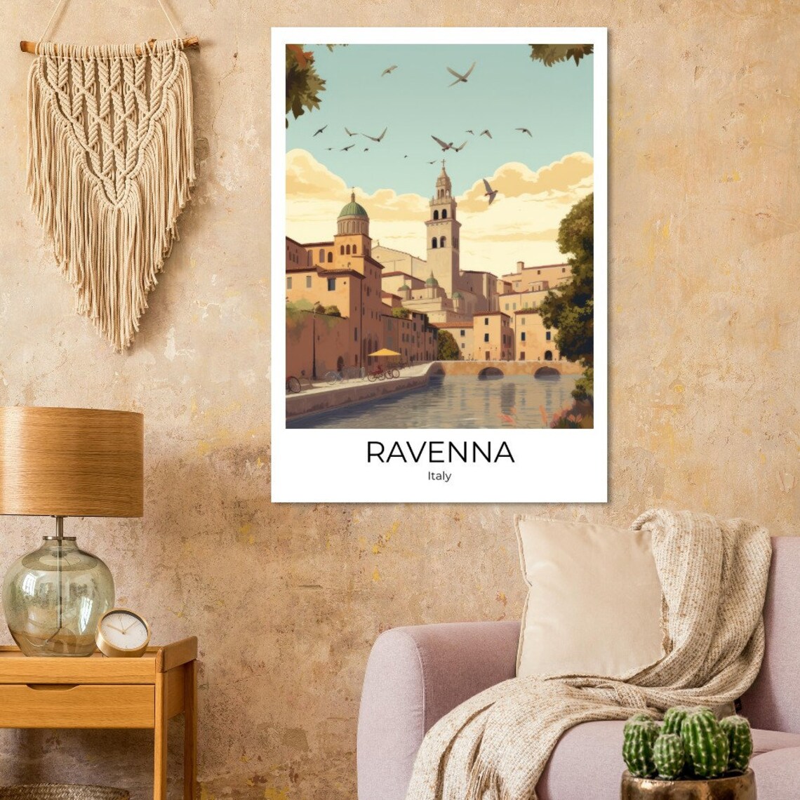 Ravenna Italy Illustrated Canal Church Tower and Birds Poster - Image 2