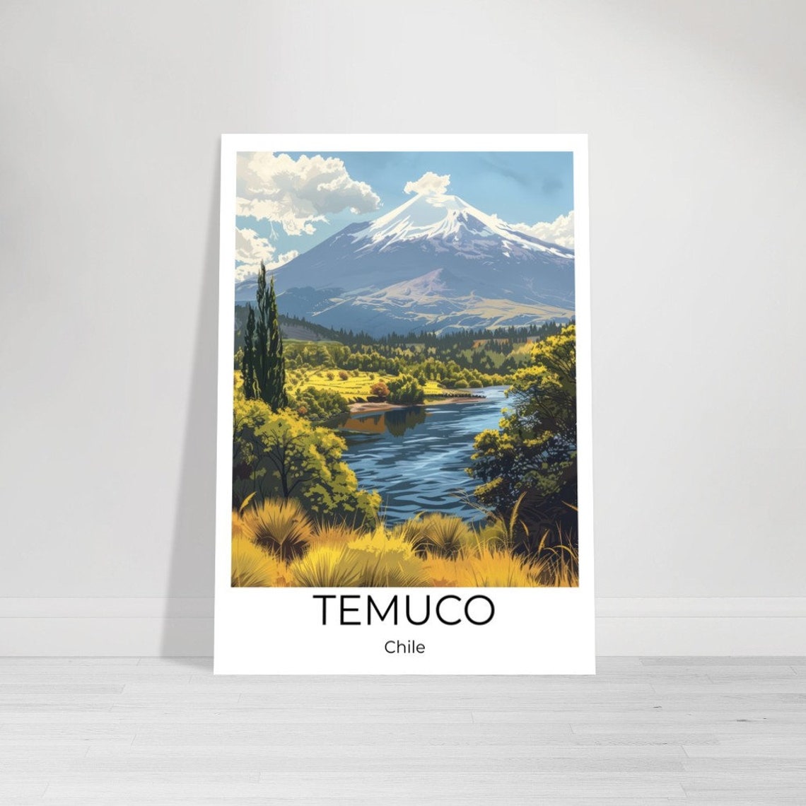 Temuco Chile Snowy Volcano River Golden Meadow Landscape Poster