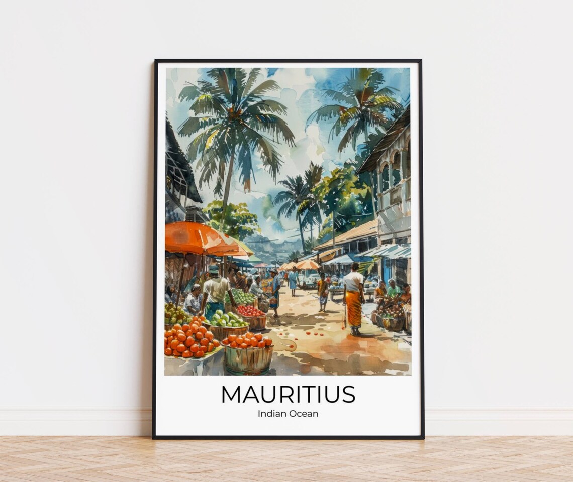 Mauritius Indian Ocean Street Market Palm Watercolor Travel Poster