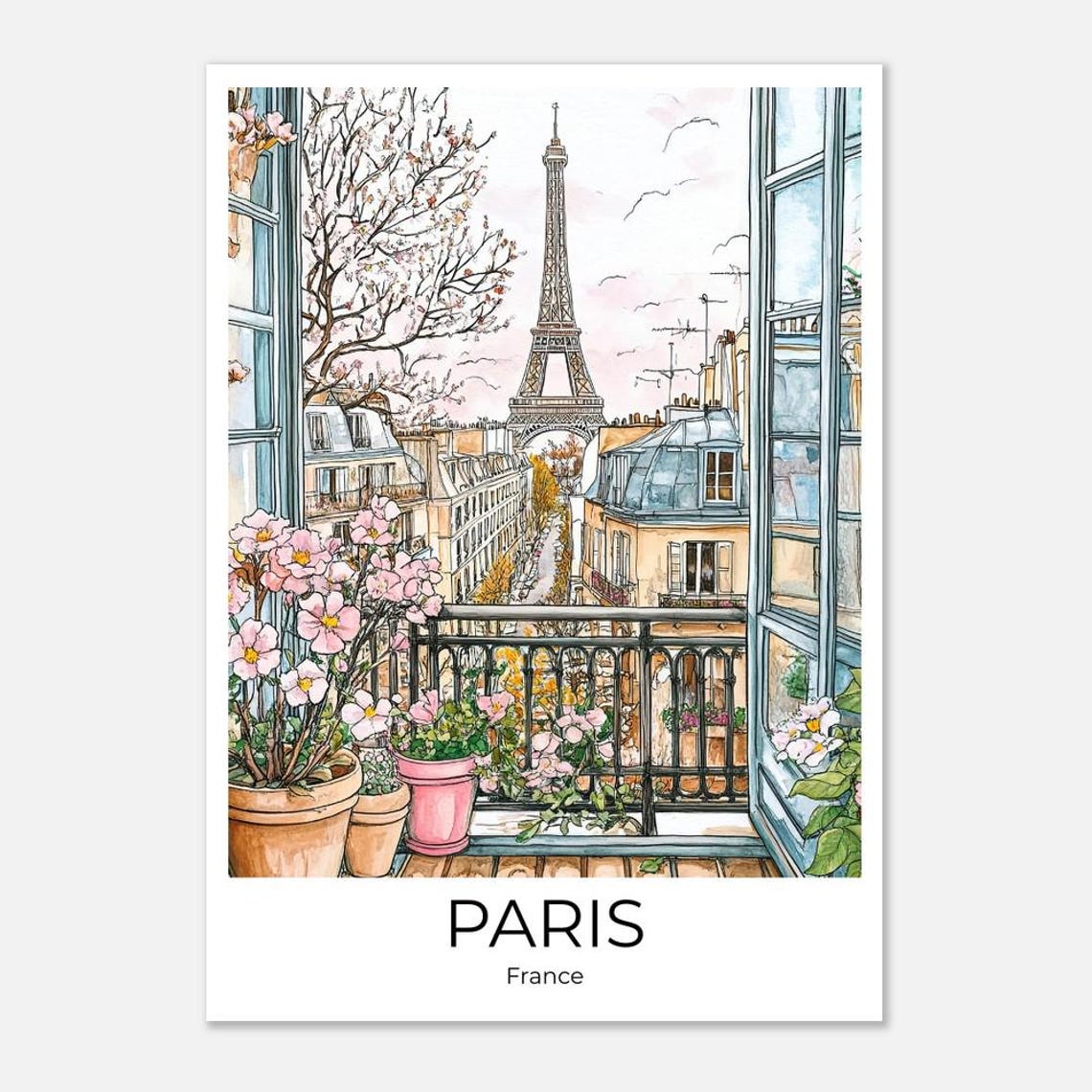 Paris Balcony Blossom Spring Eiffel Tower View Watercolor Poster - Image 2
