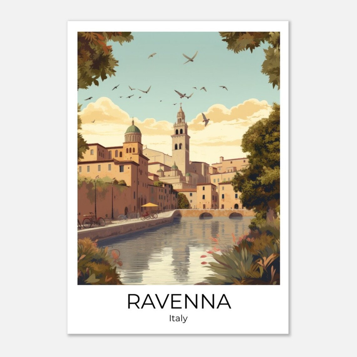 Ravenna Italy River Canal Historic Old Town Watercolor Travel Poster