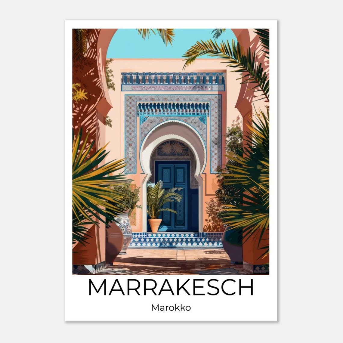 Marrakech Riad Travel Poster Morocco Blue Tile Archway Garden Art - Image 3