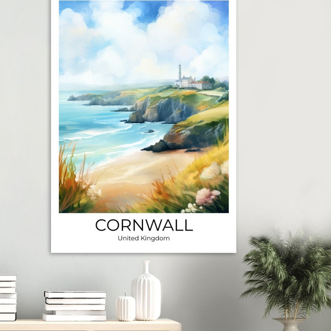 Cornwall United Kingdom Coastal Cliffs Lighthouse Beach Travel Poster - Image 5