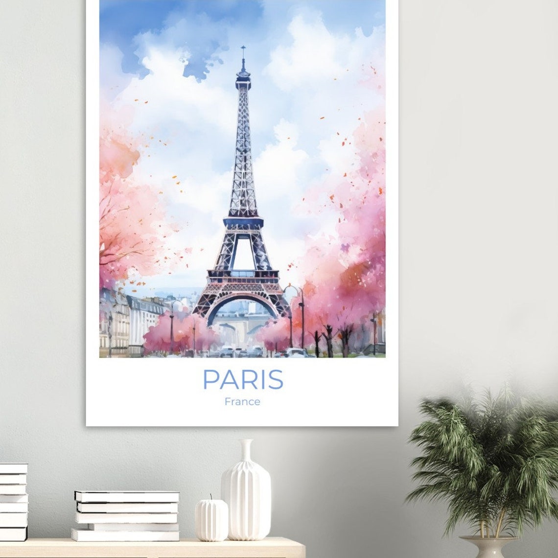 Eiffel Tower Paris Spring Cherry Blossom Watercolor Art Poster - Image 2