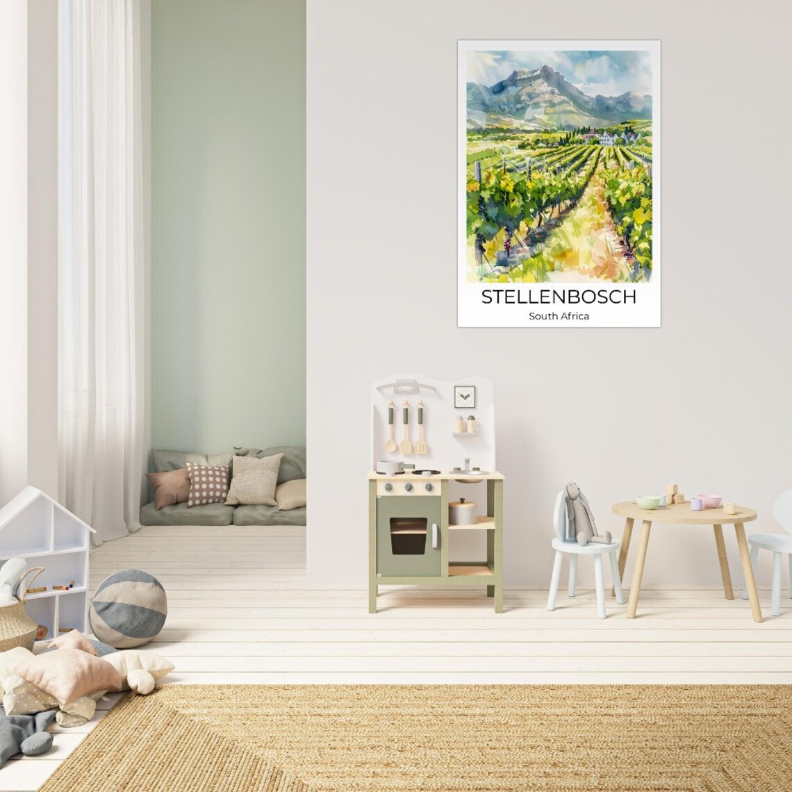 Stellenbosch South Africa Vineyard Mountain Watercolor Travel Poster - Image 2