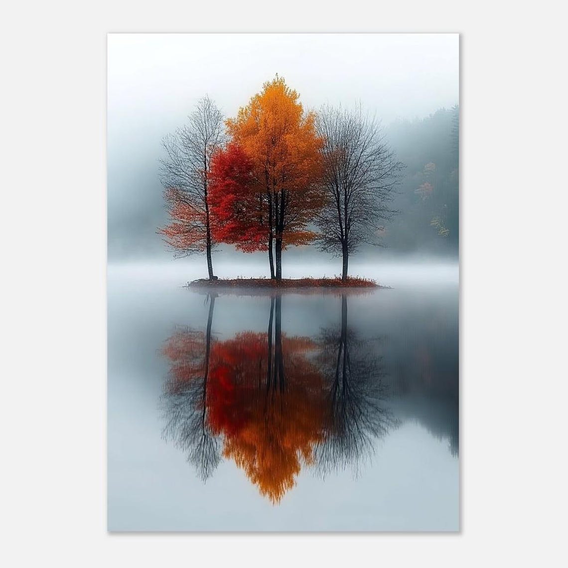 Fiery Autumn Trees Poster Misty Lake Mirror Reflection Fall Foliage - Image 3