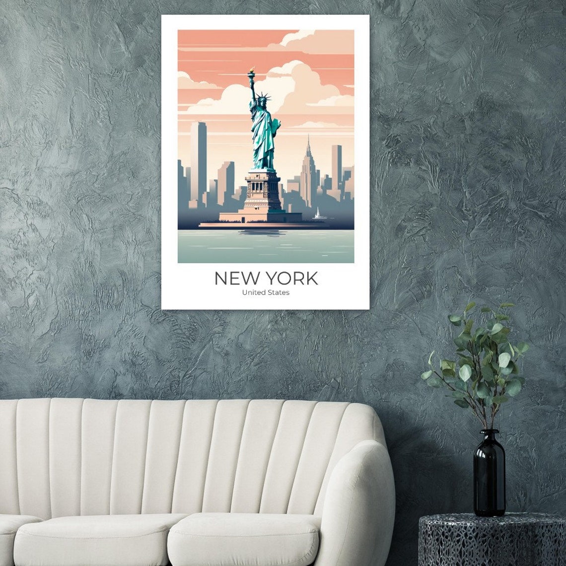 New York Statue of Liberty Rising Over Skyline Sunset Poster - Image 2