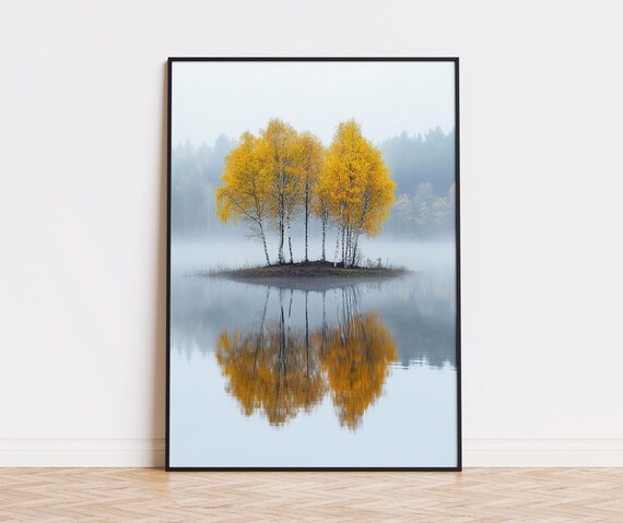 Golden Birch Trees Autumn Poster Misty Lake Reflection Nature Art