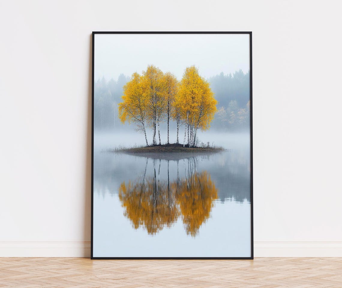 Golden Birch Trees Autumn Poster Misty Lake Reflection Nature Art