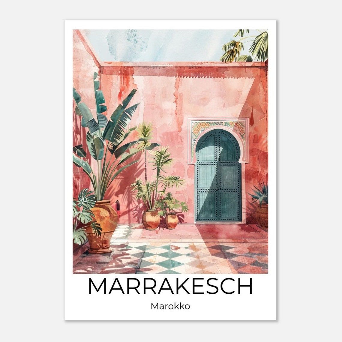 Marrakech Riad Travel Poster Morocco Pink Courtyard Watercolor Art - Image 3