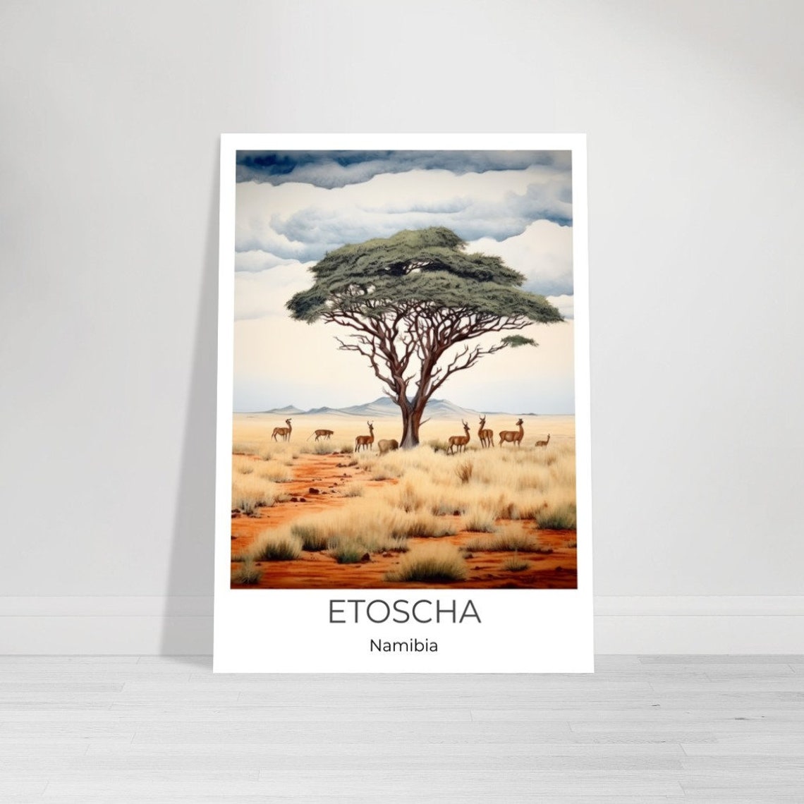 Etosha Namibia Savanna Antelope Acacia Tree Watercolor Travel Poster