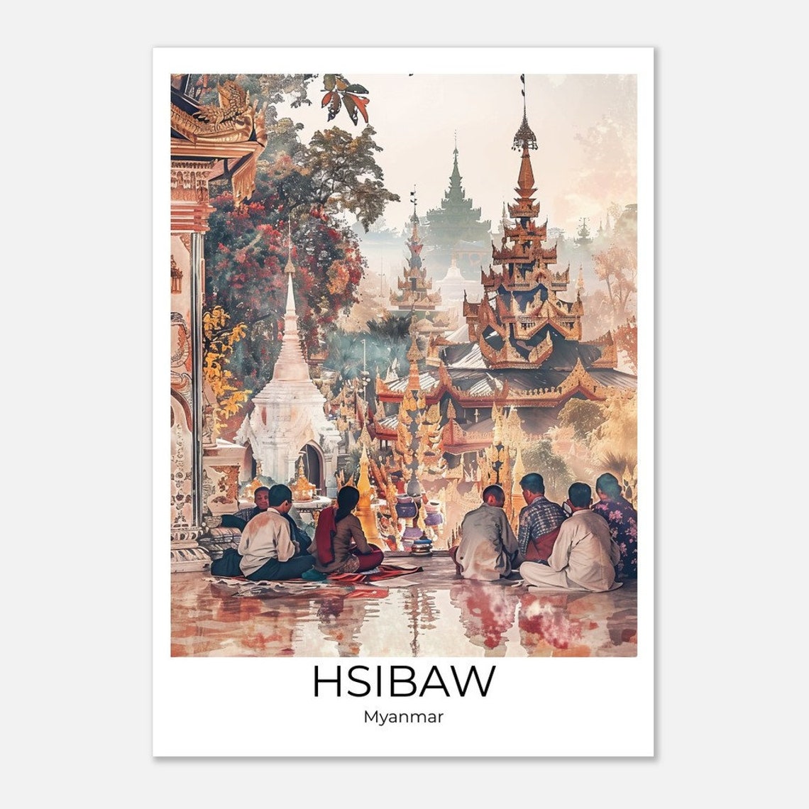 Hsibaw Myanmar Golden Pagodas Watercolor Worshippers Scene Poster - Image 4