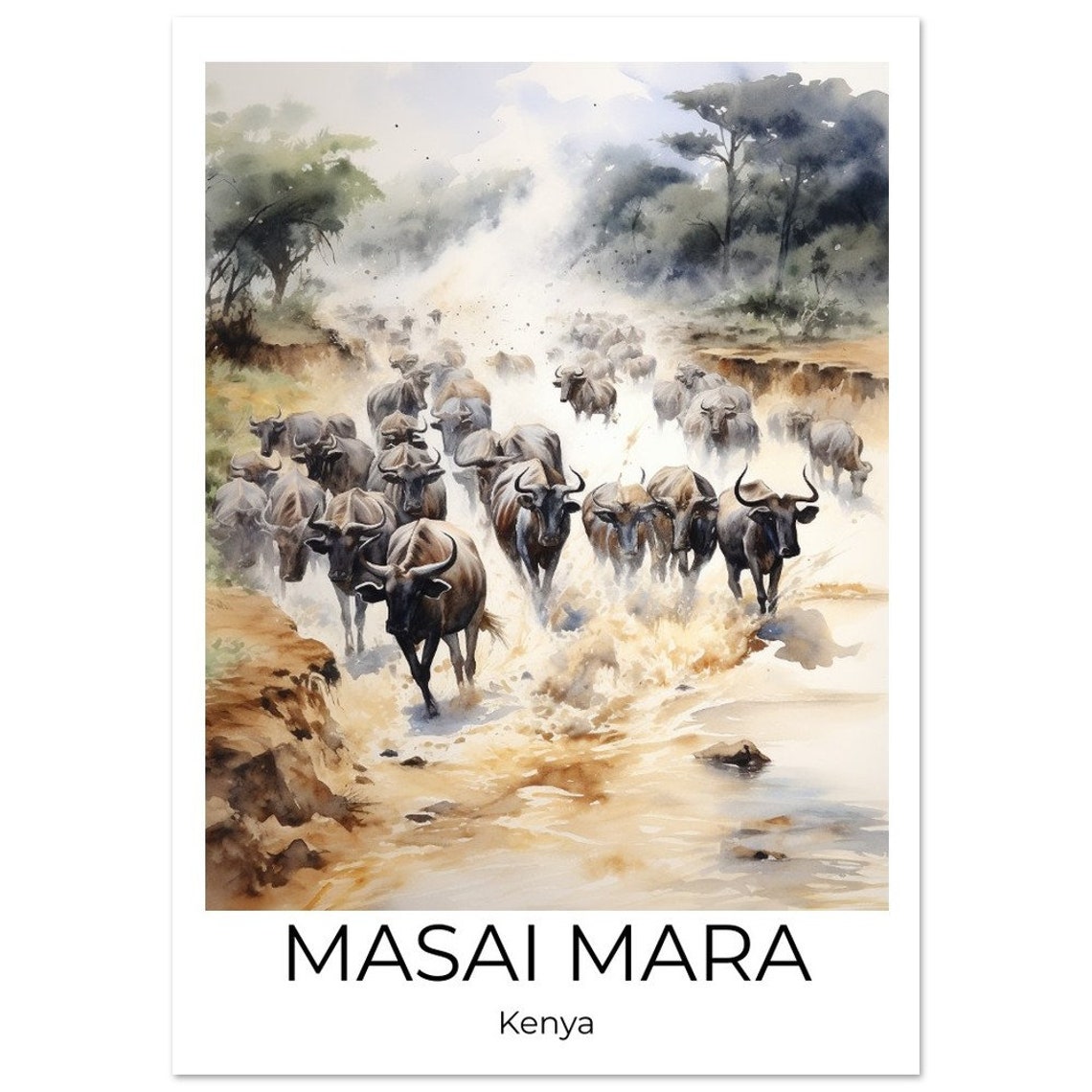 Masai Mara National Park Watercolor Travel Poster Rivercrossing Mara Wall Art Africa Travel Print Kenya Kenya Wall Decoration - Image 2