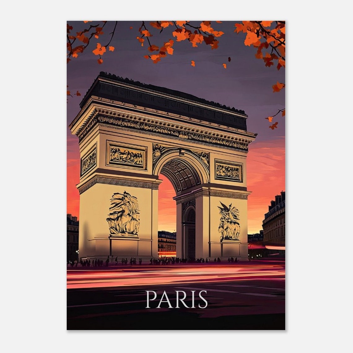 Paris Arc de Triomphe Sunset Autumn Leaves Night Street Poster - Image 4