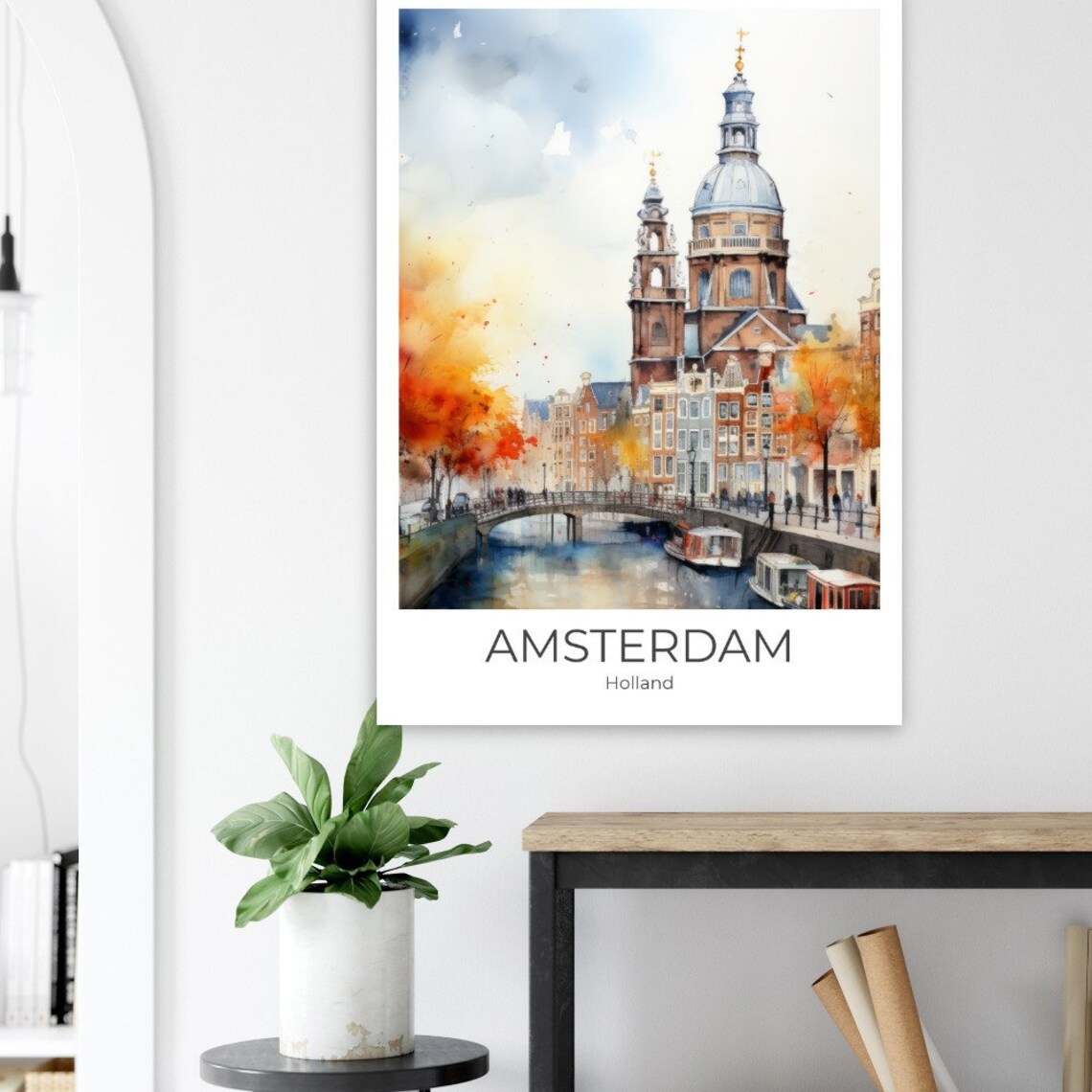 Amsterdam Holland Autumn Canal Bridge Church Watercolor Poster - Image 2